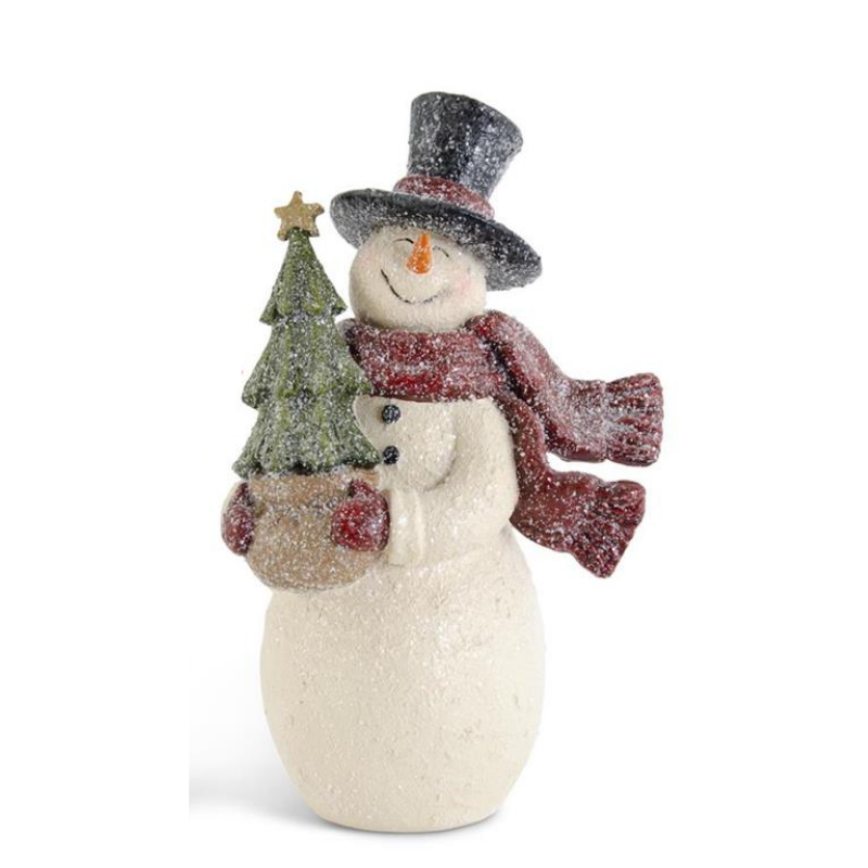 Glittered resin vintage snowman figurine wearing a top hat and red scarf, holding a small tree.