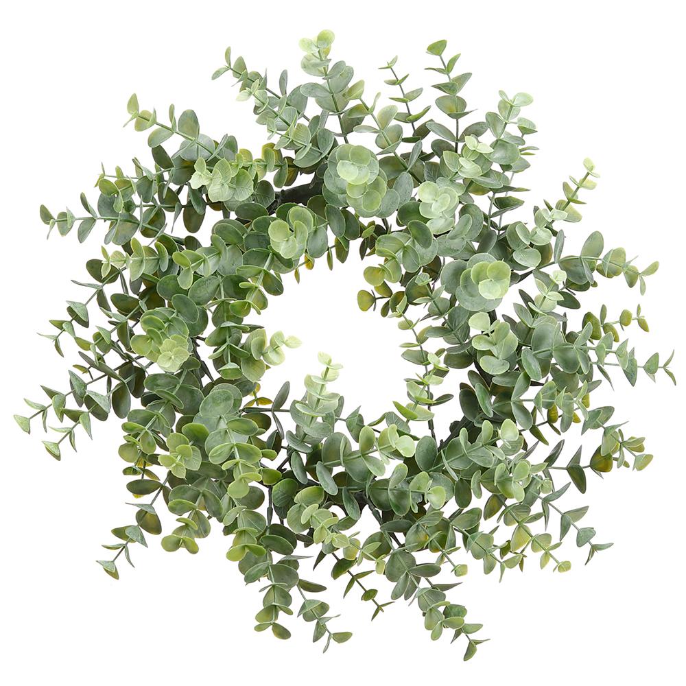 Frosted green plastic eucalyptus wreath with a circular silhouette and natural leaf pattern.