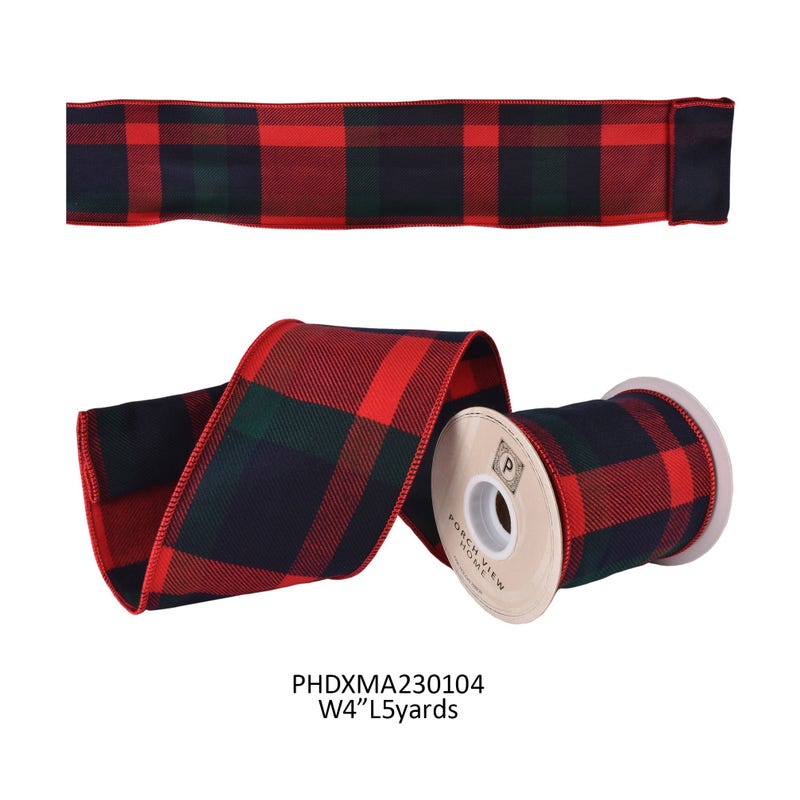 Highland's Flannel Plaid Ribbon, 4 inches wide, featuring a red, green, and blue plaid pattern.