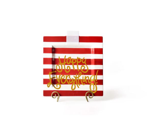 Ceramic square platter in red with white text reading Red Stripe Big Happy Everything!