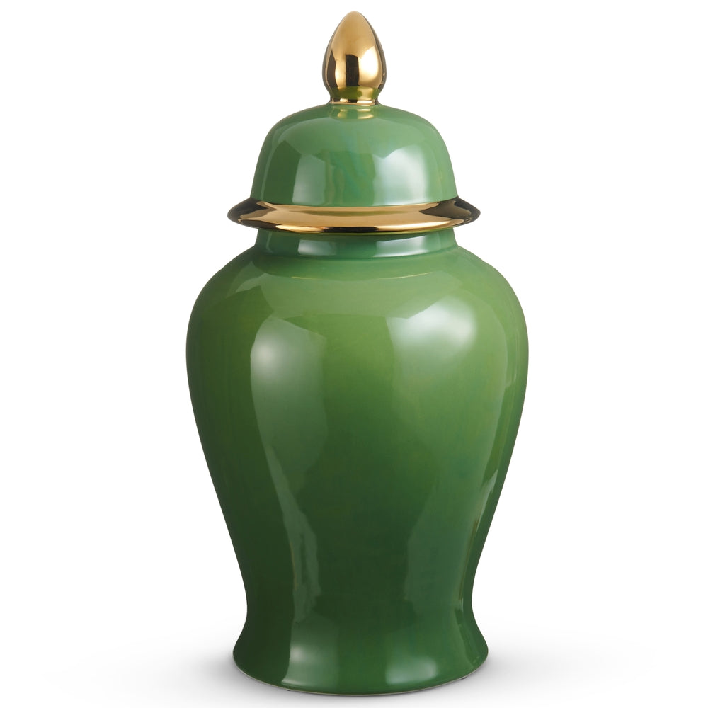 Tall green clay ginger jar with gold accents measuring 9 inches wide by 18.5 inches high.