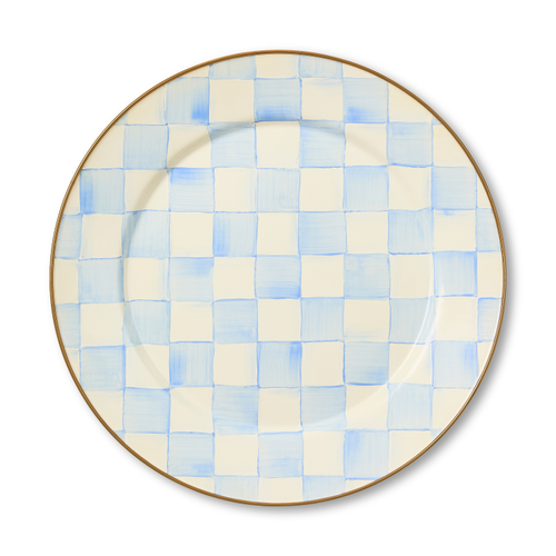Hand-glazed steel charger with hand-painted sky blue checks pattern and bronzed stainless steel rim.
