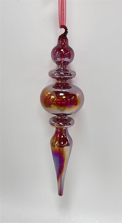 9.5-inch iridescent burgundy glass finial ornament with a multi-tiered shape and hanging ribbon.