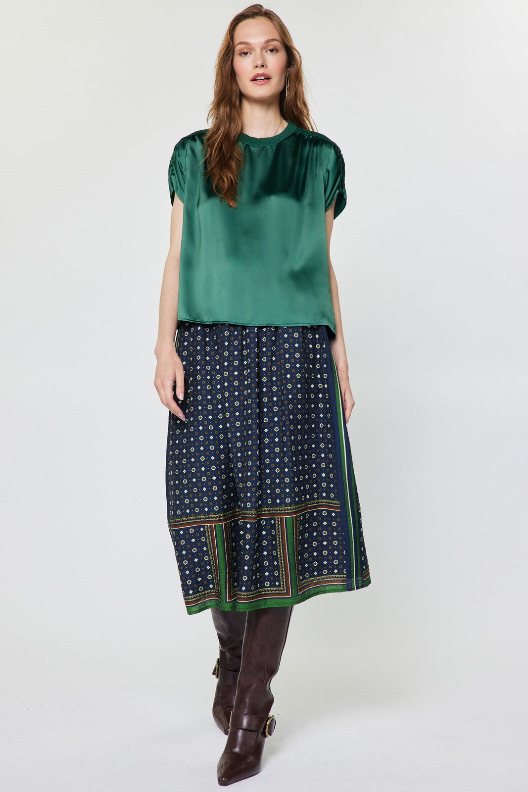 Mina round neck short sleeve cropped blouse in polyester satin with gathered shoulders