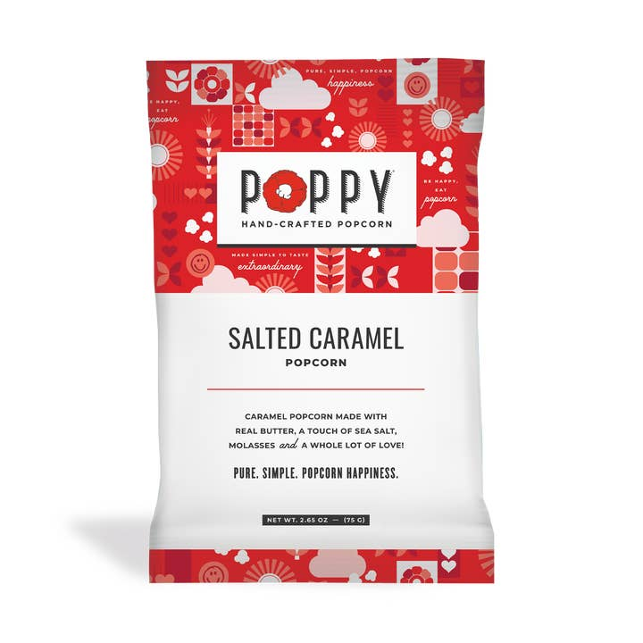 A 2.65 oz bag of Poppy Salted Caramel Hand-Crafted Popcorn with a red and white patterned design.