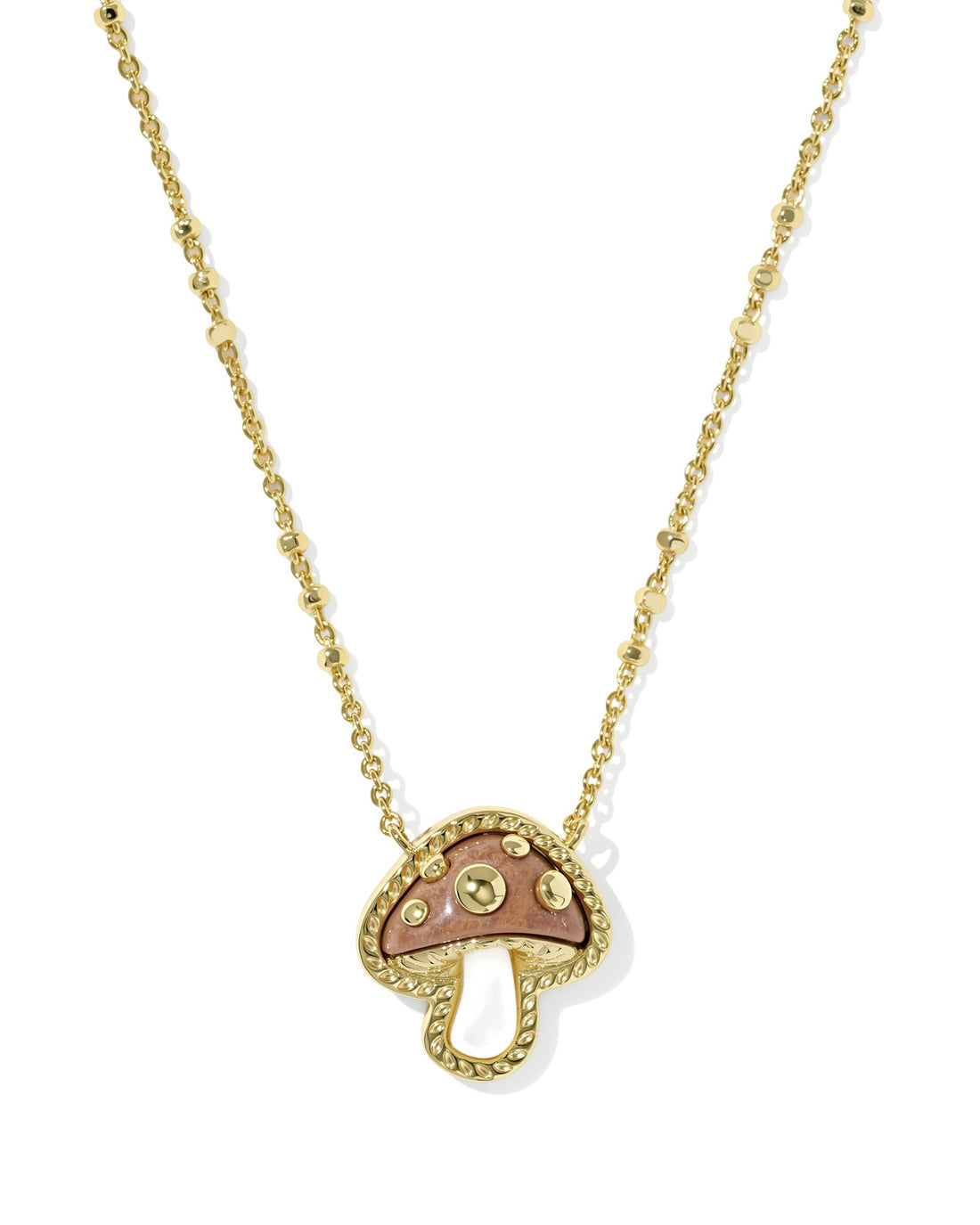 Gold short pendant necklace with a brown and gold mushroom charm on a beaded chain.