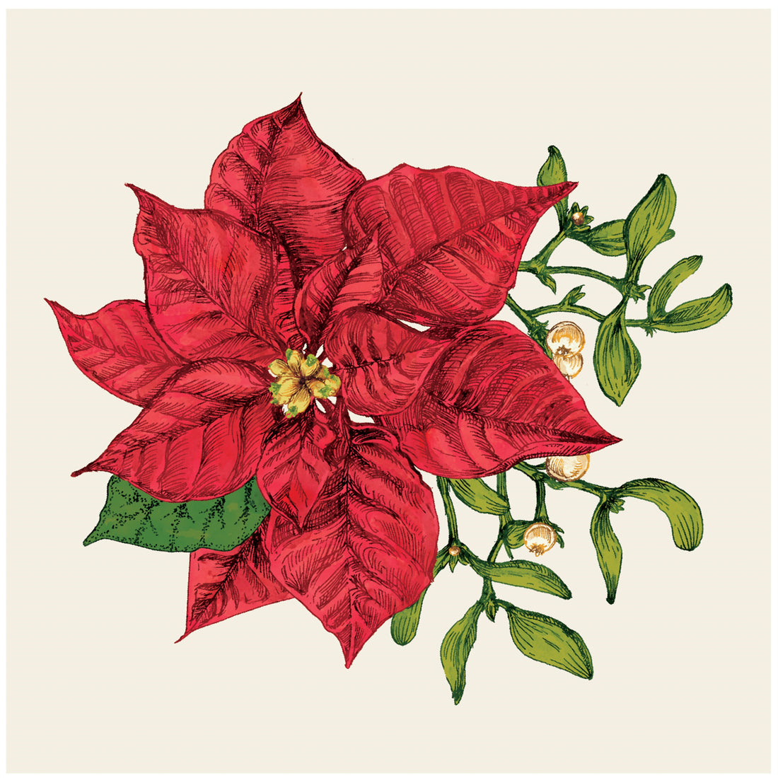 Folded white cocktail napkins with a red poinsettia flower pattern.