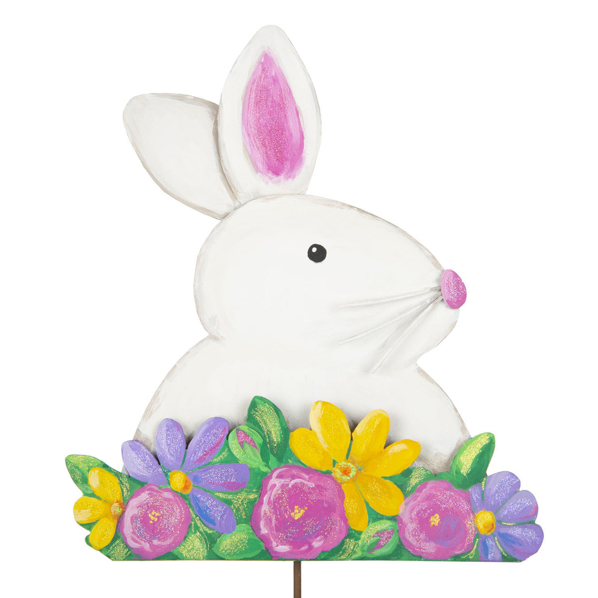 Bunny In Flowers stake with white bunny silhouette surrounded by colorful floral pattern.
