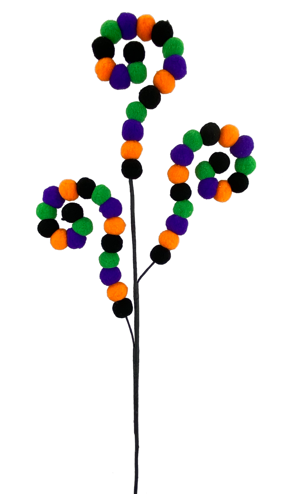 Three-armed felt spiral spray with orange, black, purple, and green pompoms on wired arms.