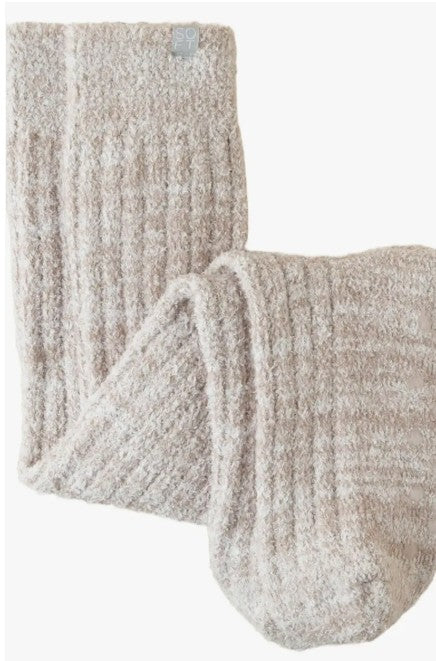 Slouchy marshmallow socks in heathered gray with non-slip grippers on the sole.