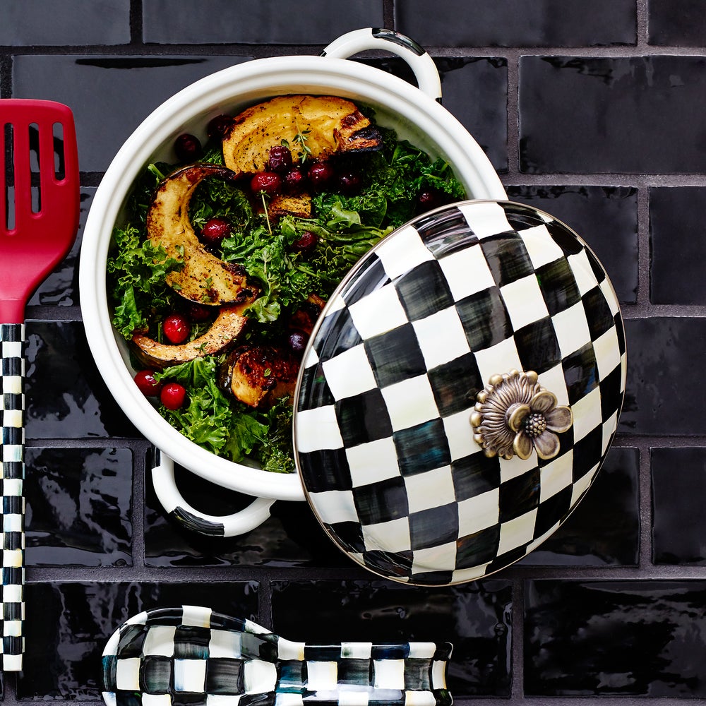 Hand-painted Courtly Check medium casserole dish with lid, filled with roasted squash and kale.