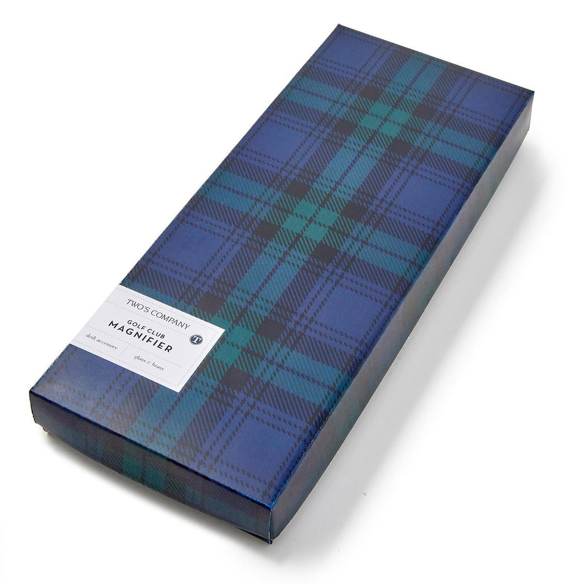 Glass golf club-shaped magnifier with a handle in an open gift box.