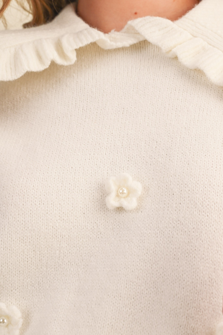 Close-up of a white knit sweater featuring a small white floral appliqué with a pearl center.