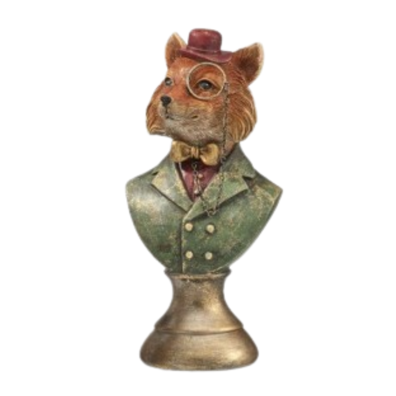 8-inch resin fox bust wearing a top hat, monocle, gold bow tie, and green jacket on a gold pedestal.