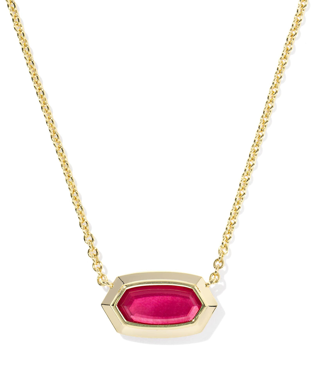 Elisa Bezel Short Pendant Necklace with a gold chain and a magenta hexagonal stone pendant.