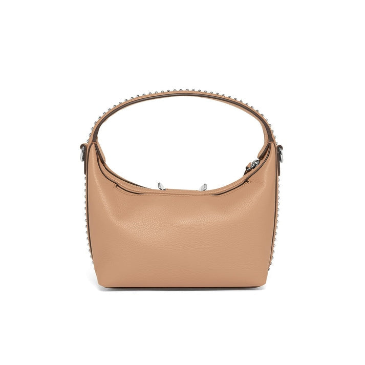 Tan pebbled leather arch-shaped crossbody bag with silver stud trim and a top handle.