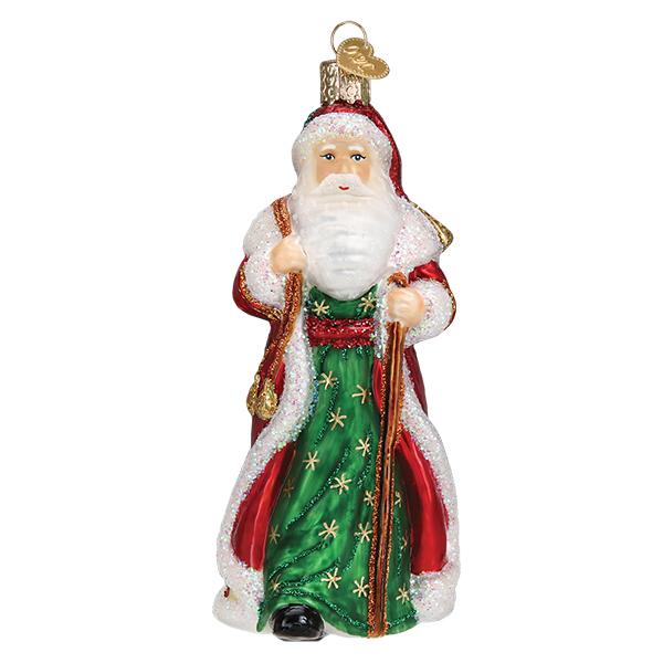 Father Christmas glass ornament in a red coat and green robe with gold stars and a walking stick.