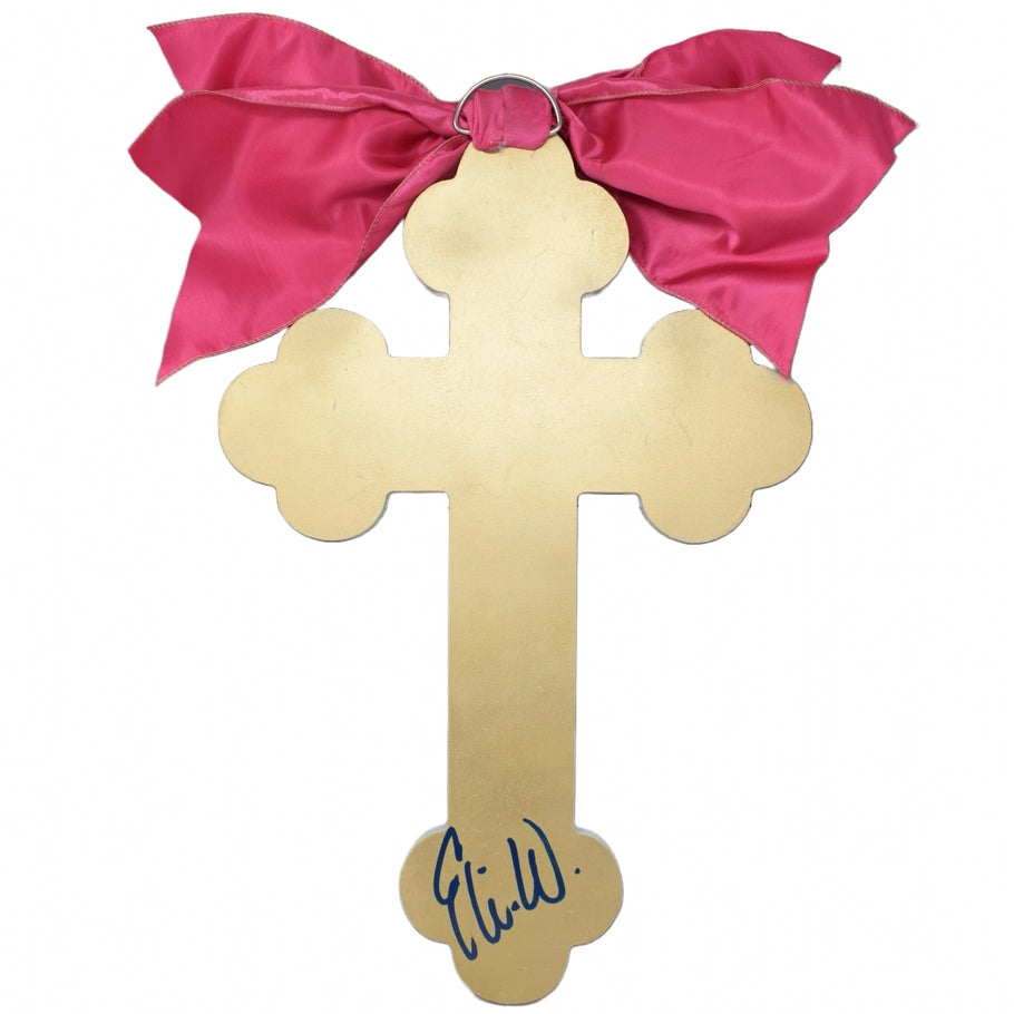 Hand-painted MDF cross with a satin bow top, gold back finish, artist signature.
