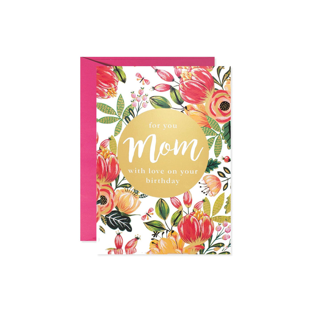 Blooming Lovely Mom birthday card with a floral pattern and gold foil text.