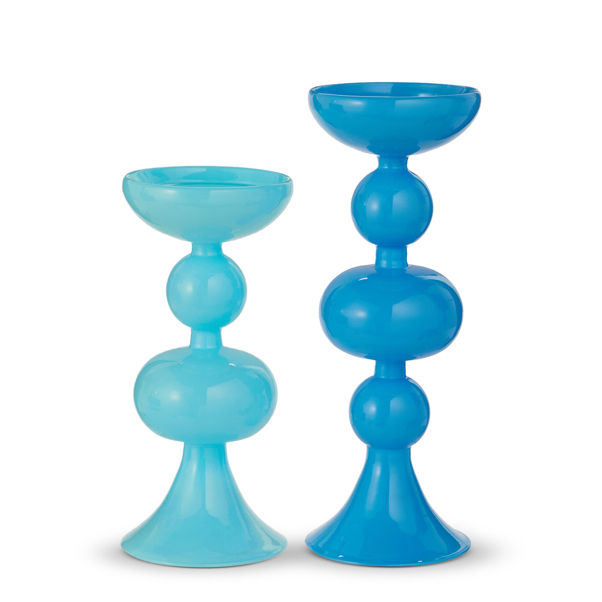 Blue glass candle holder with a cylindrical shape designed to hold pillar or taper candles.