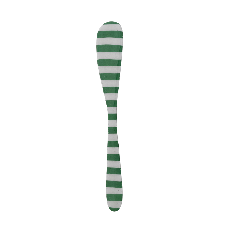 Enameled stainless steel canapé knife with a green and white horizontal striped pattern.