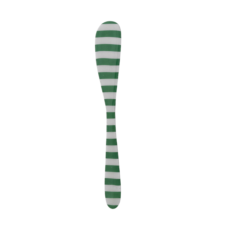Enameled stainless steel canapé knife with a green and white horizontal striped pattern.