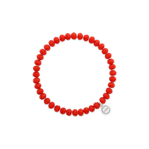 Stretchy bracelet with faceted glass beads in a colorful beaded pattern.