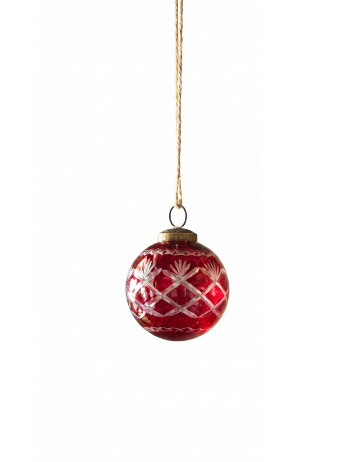 Red glass 3-inch Christmas ball ornament with etched geometric patterns hanging from a twine string