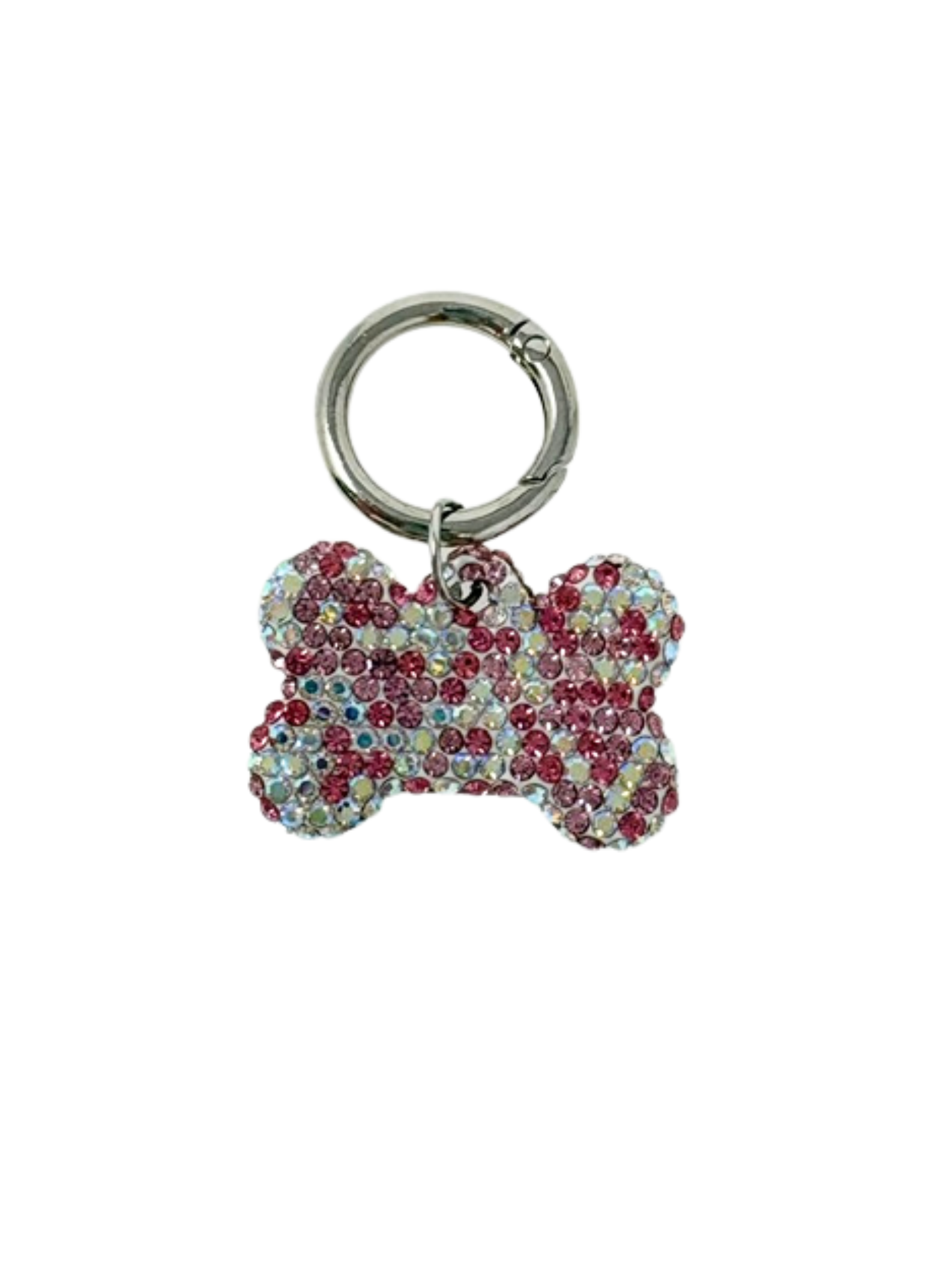 Bone-shaped dog tag with pink and iridescent rhinestones on a silver metal ring.