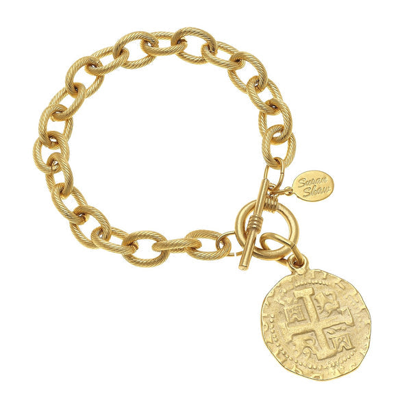 Triple-plated gold Peruvian coin toggle bracelet with textured band