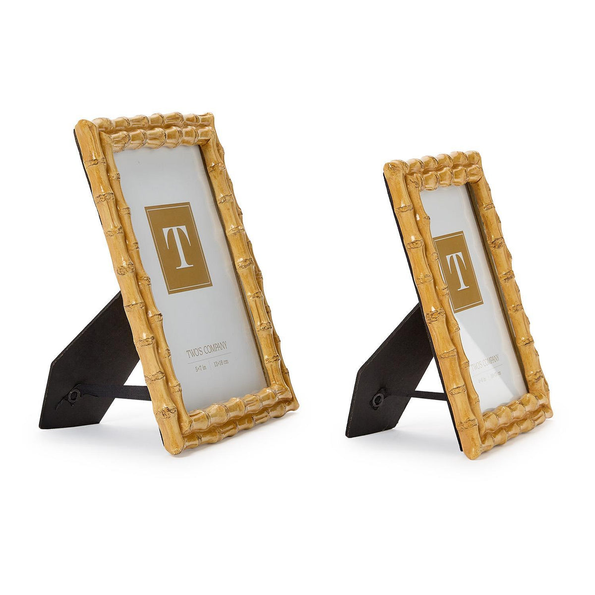 Two blonde faux bamboo photo frames in different sizes with velvet easel backs.