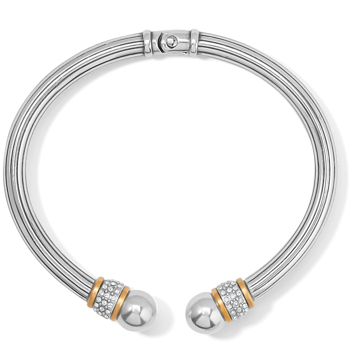 Meridian Open Hinged Bangle in silver-plated finish with gold accents and crystal-encrusted ends.