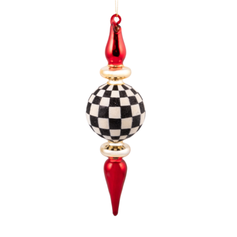 Black and white checkered glass finial ornament with red and gold accents.