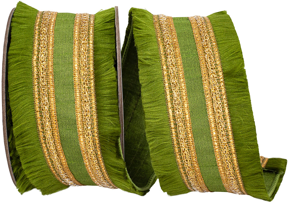 Moss green dupioni wired ribbon with fringe edges and two parallel gold gilded trim stripes.
