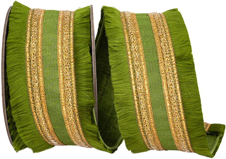 Moss green dupioni wired ribbon with fringe edges and two parallel gold gilded trim stripes.