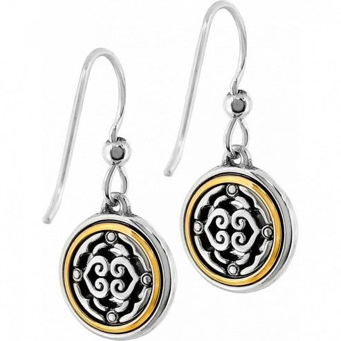 Silver-gold French wire earrings featuring a half-inch width with three-quarter inch drop and fine quality crystal finish.