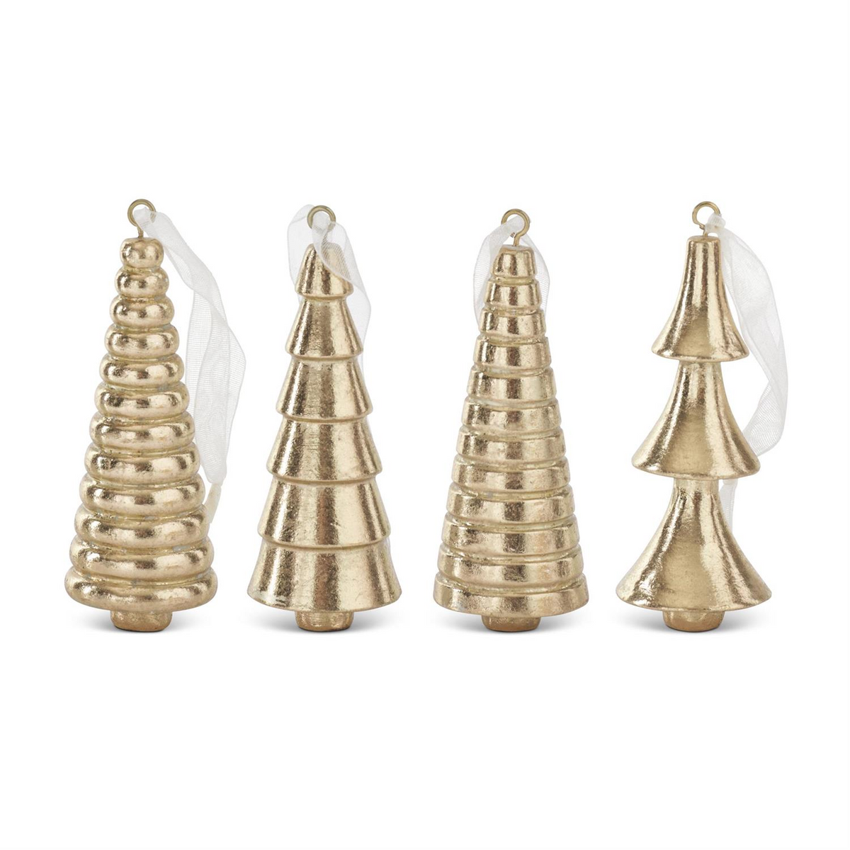 Set of four 3.75-inch gold resin Christmas tree ornaments with unique sculpted textures.