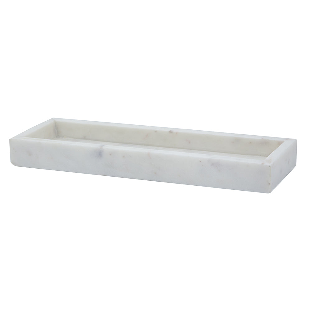 Rectangular white marble tray with natural grey veining on a white background.