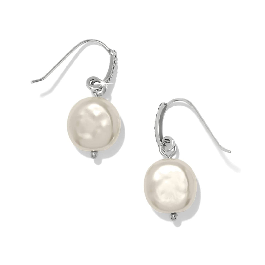 One Heart silver-plated French wire earrings featuring white coin glass pearls and crystal accents.