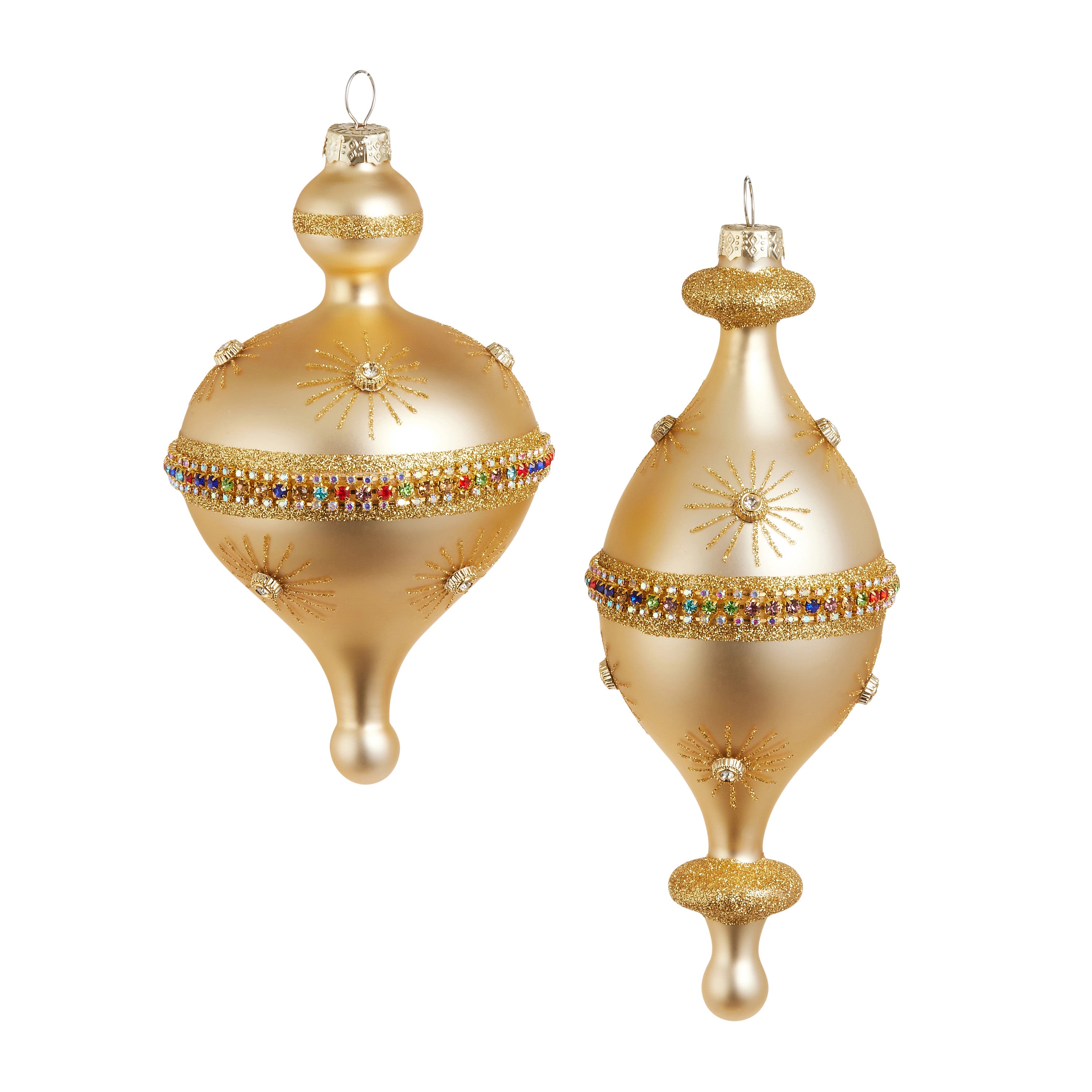 Two gold glass finial ornaments with glitter bands and colorful jewel accents.