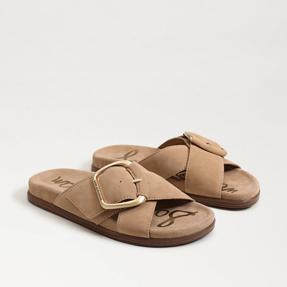 Darla Buckle Slide Sandal in tan leather with open toe and ankle strap