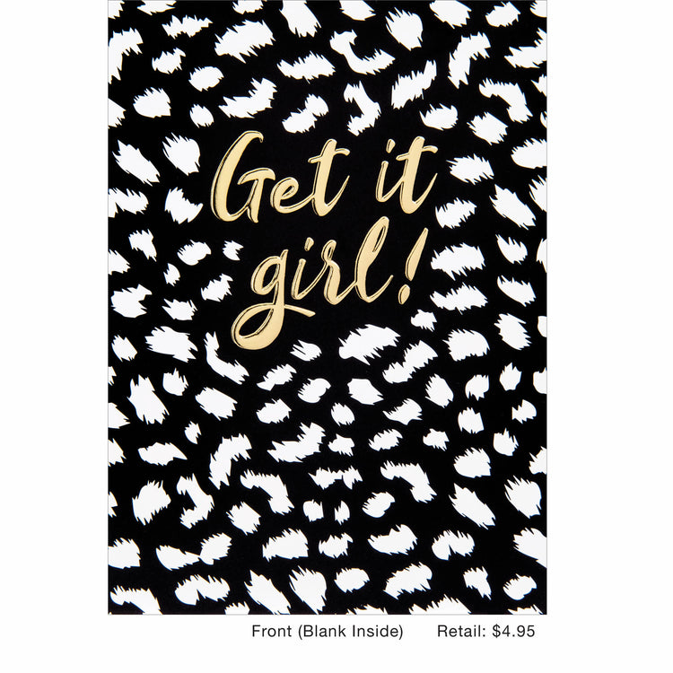Get It Girl Cheetah card featuring a cheetah print pattern with gold foil accents on a black background.