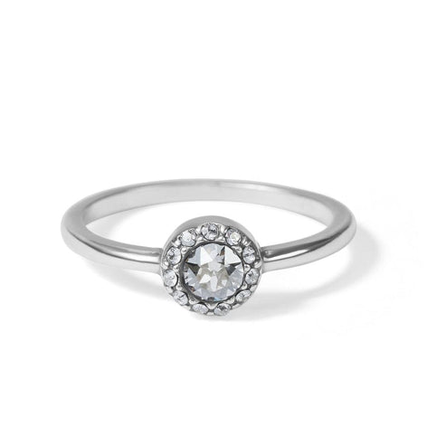 Illumina Solitaire Ring featuring a central crystal framed by pave on a silver plated band.