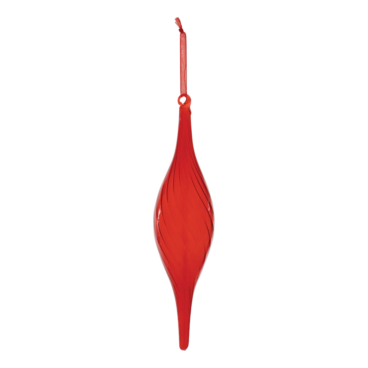 10-inch red glass drop ornament with a twisted texture and a matching red hanging ribbon.