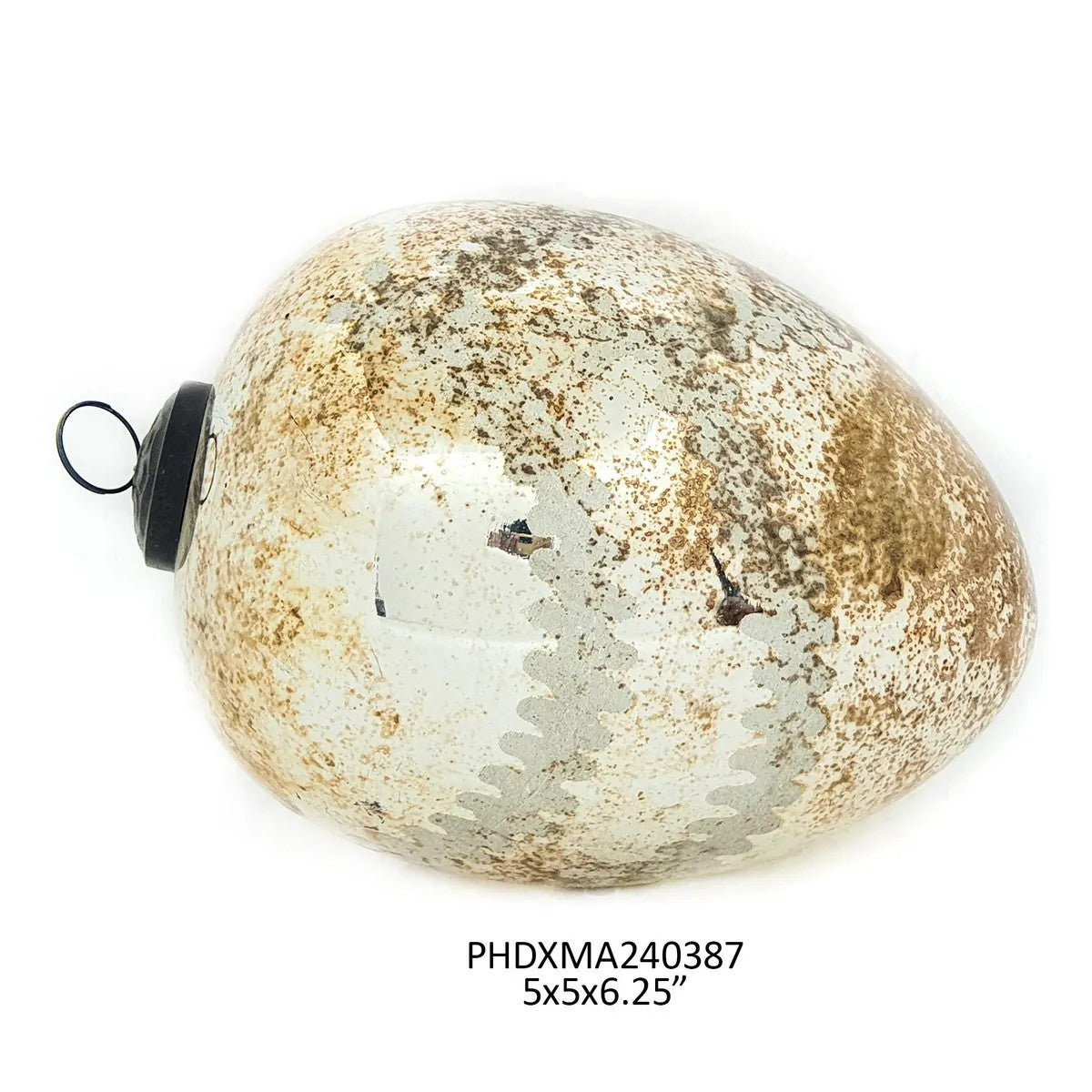 Notre Dame 5-inch glass egg ornament with a distressed, speckled antique finish and black cap.