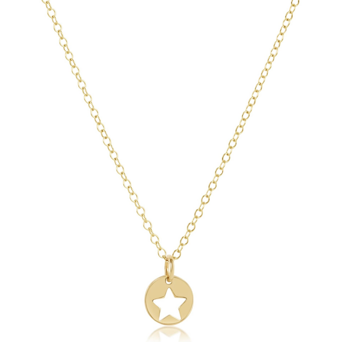 16-inch 14kt gold-filled chain necklace with a small circular disc pendant featuring a star cutout.