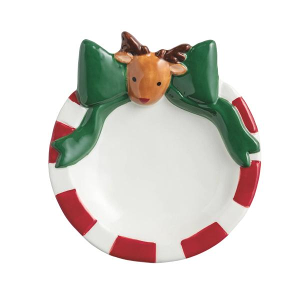 Round ceramic trinket dish with red and white stripes, a green bow, and a reindeer head accent.