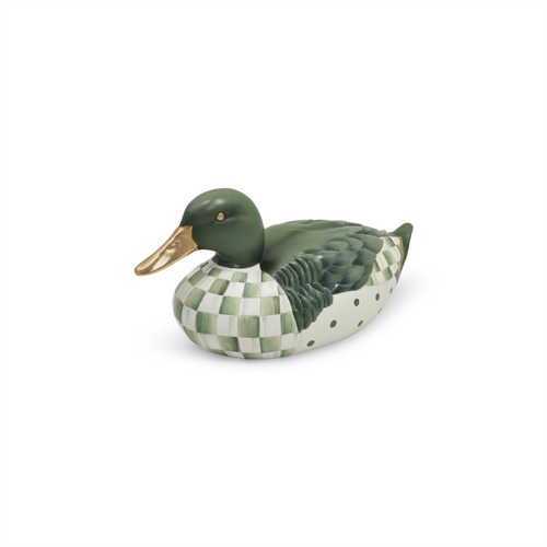 Hand-painted resin mallard duck figurine with green check pattern and gold-toned beak.