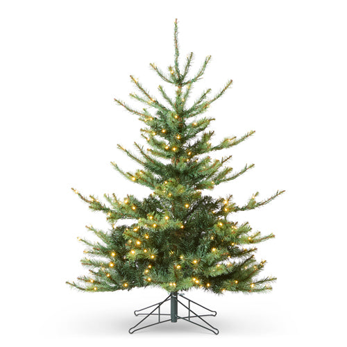 4.5-foot artificial Rocky Mountain spruce tree with hinged PVC construction featuring warm white LED lights and remote control.