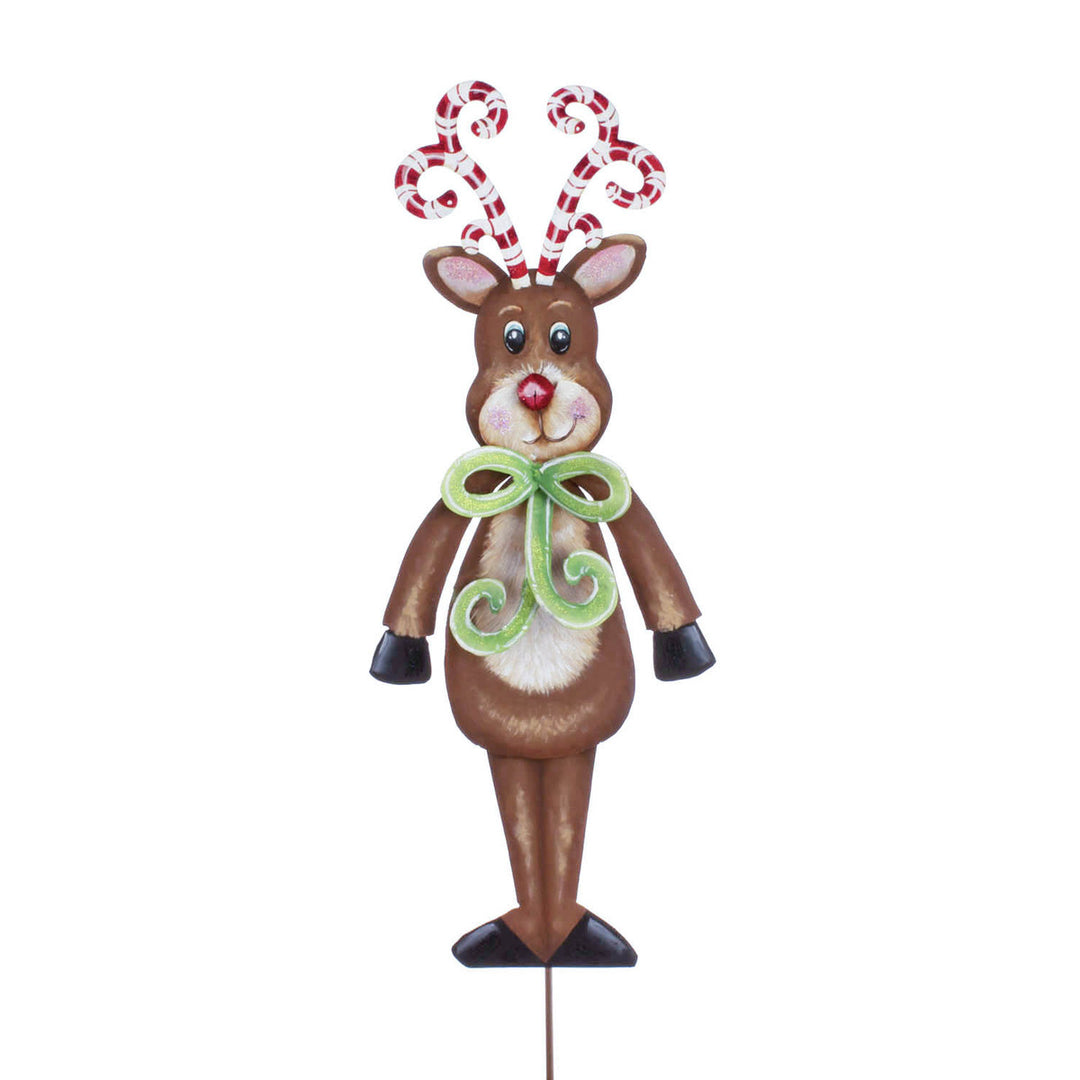 Rudolph reindeer stake decoration with candy cane antlers in red and white.